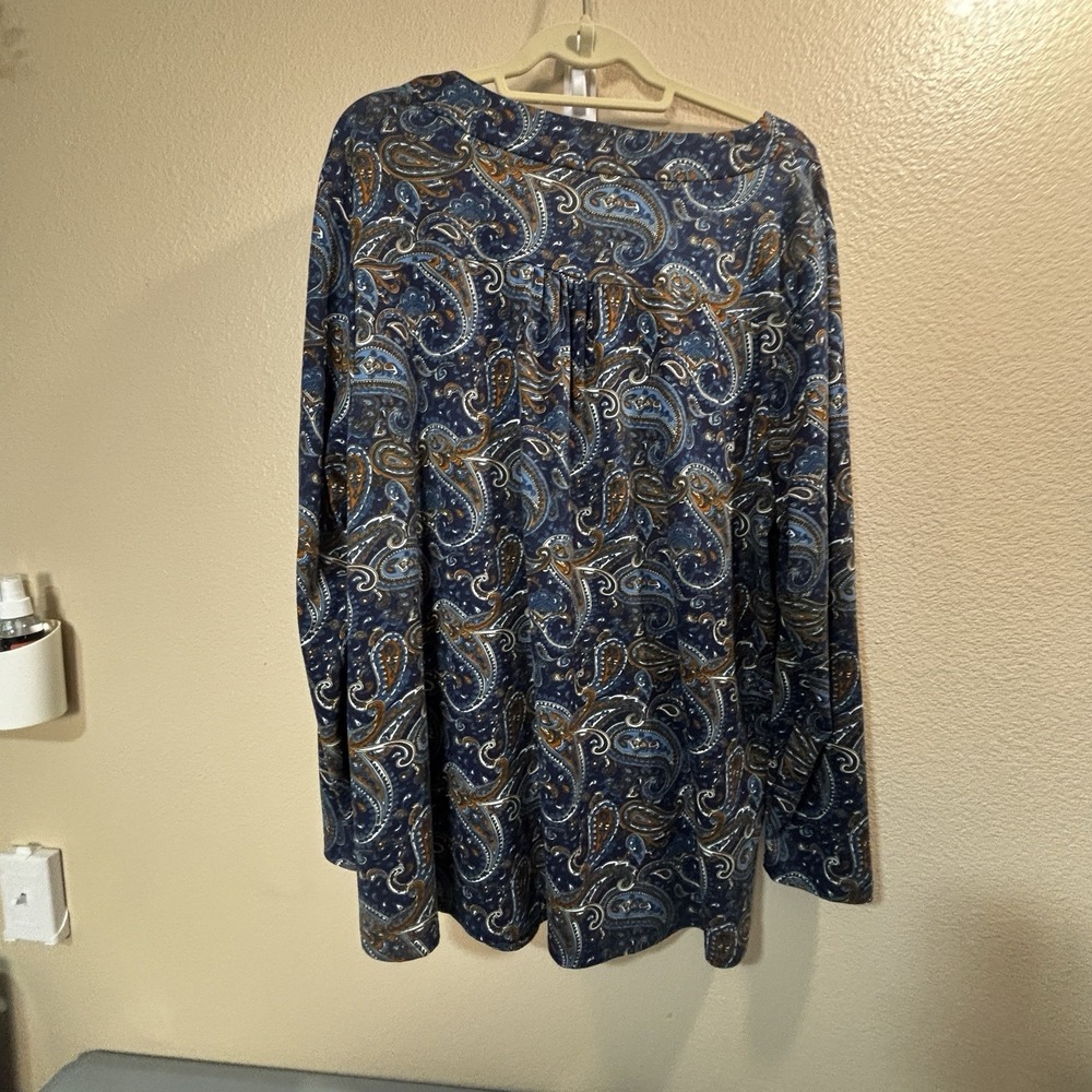 Folunsi Blue Orange Paisley Print Pullover Blouse Shirt Top Long Sleeve Plus 3X - Picture 12 of 12